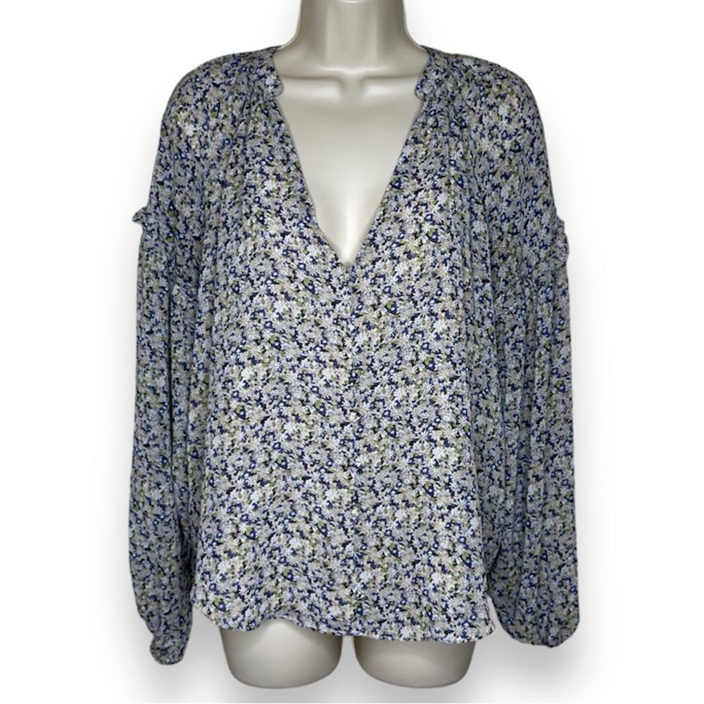 Lush Ditsy Floral Chiffon Balloon Ruffle Sleeve Cottage Core Blouse Women Medium